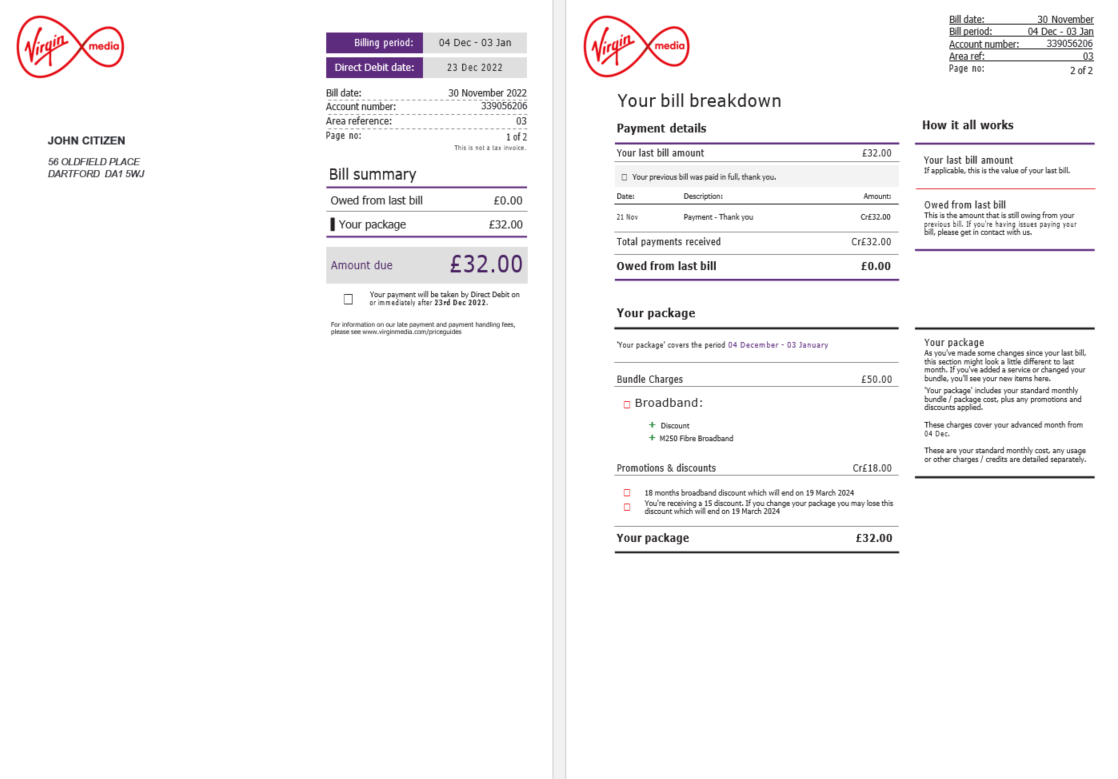 United Kingdom Virgi Media invoice Word and PDF template, 2 pages PSD template